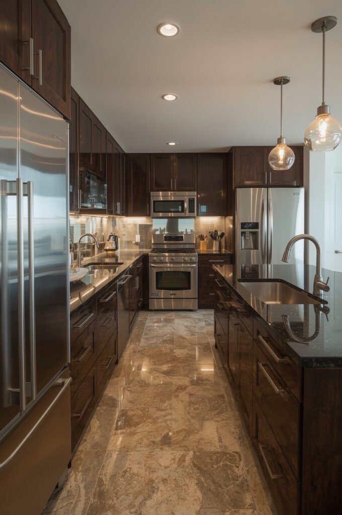 One-Wall Kitchen with Full-Length Mirror Backsplash