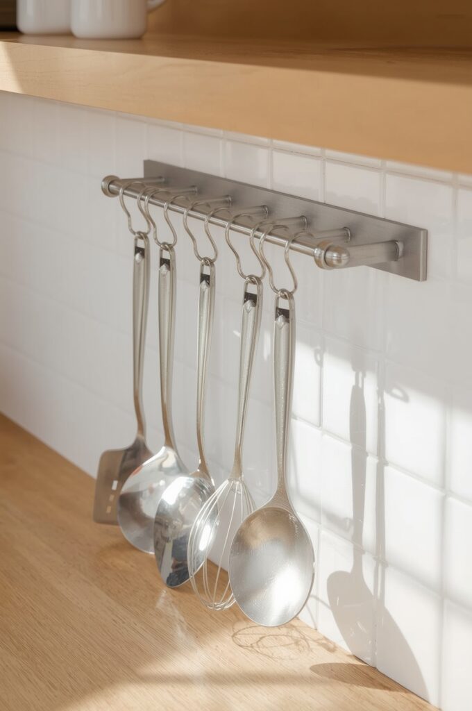 Wall-Mounted Rail with Hooks for Utensils