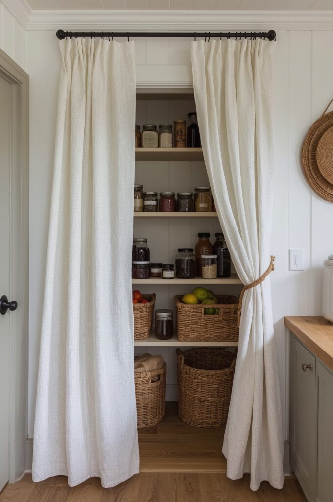 Compact Open Pantry with Curtains