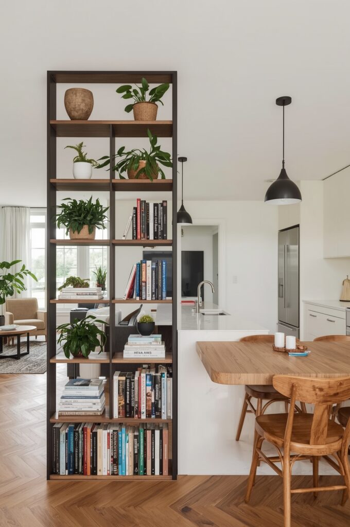 Open Concept Small Kitchen with Room Divider Shelf