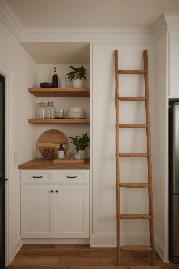 Countertop with Rolling Ladder Access Storage