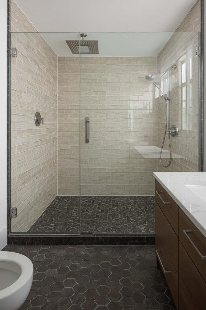 Contrasting Floor and Wall Tiles for Depth