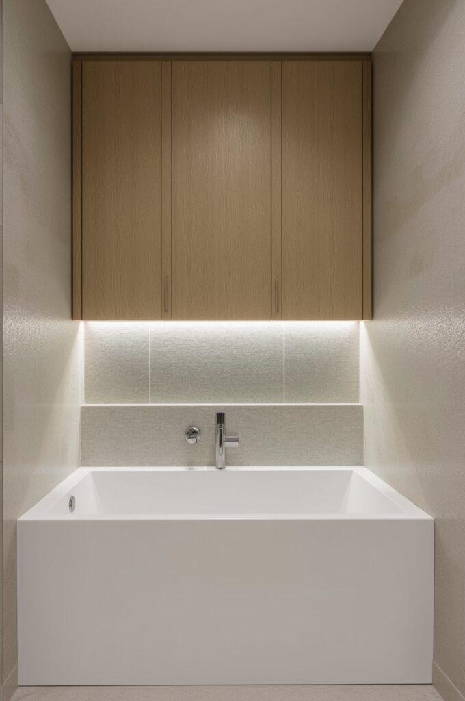 Tub with Wall-Mounted Storage Cabinet Above