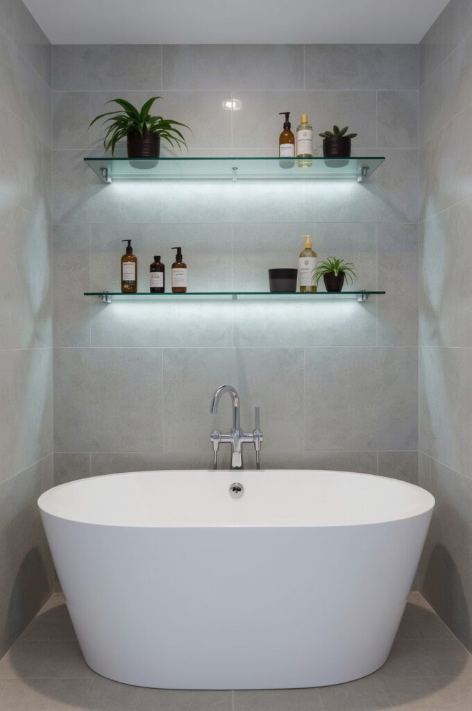 Tub with Clear Floating Shelves Above