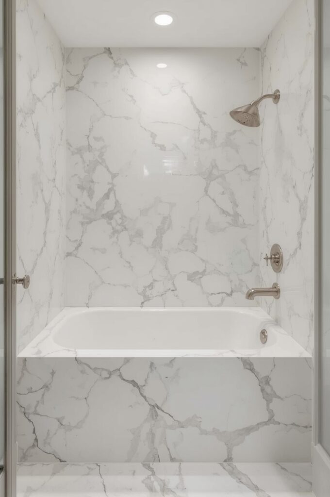 Tub with Marble Surround in Small Space