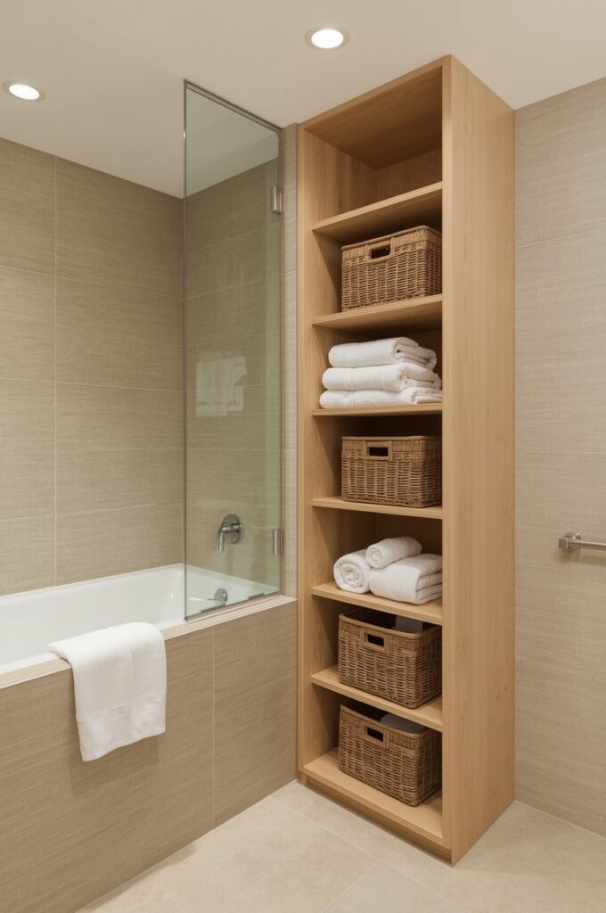 Tub with Tall Vertical Storage Tower Nearby