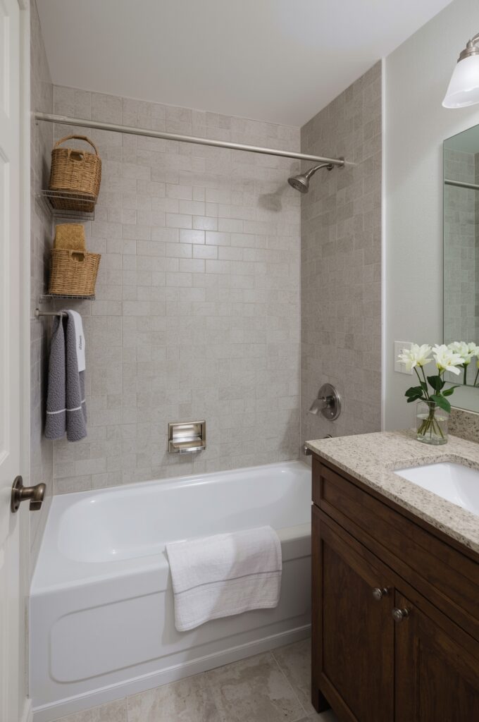 Tub with Ceiling-Mounted Storage Hooks