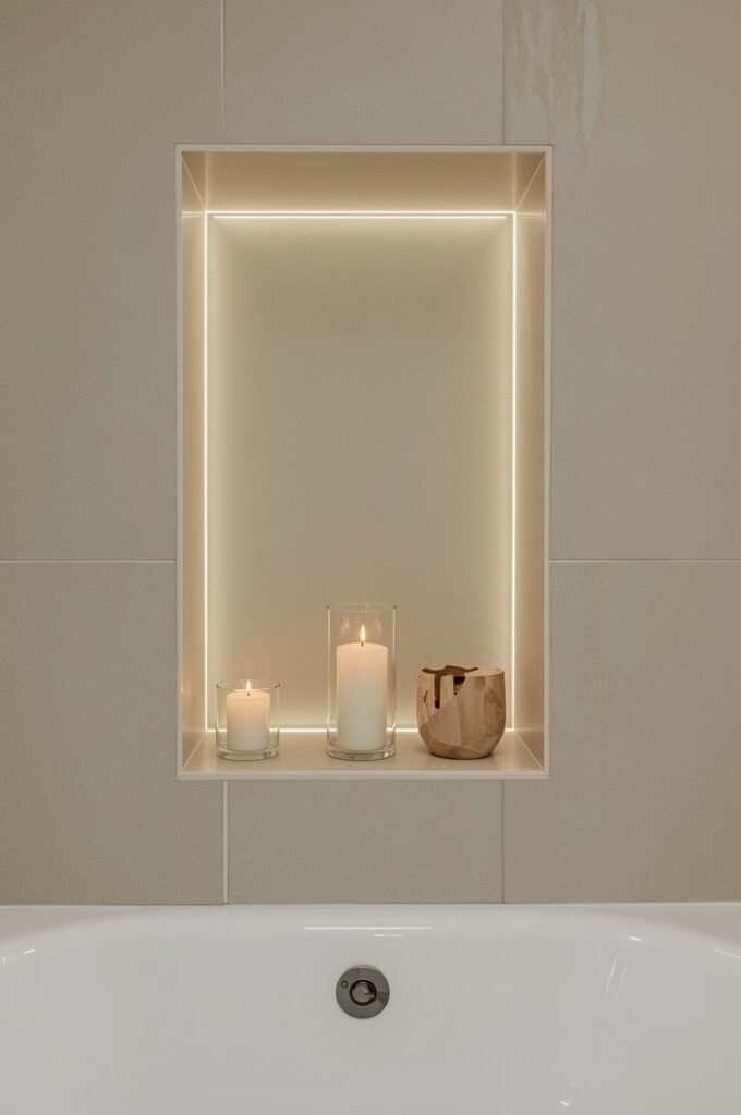 Tub with Integrated LED Strip Lighting in Niche