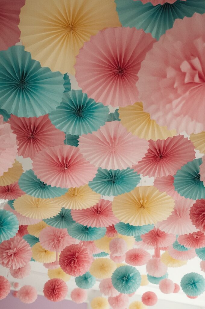 Hanging Paper Fans and Pom-Poms