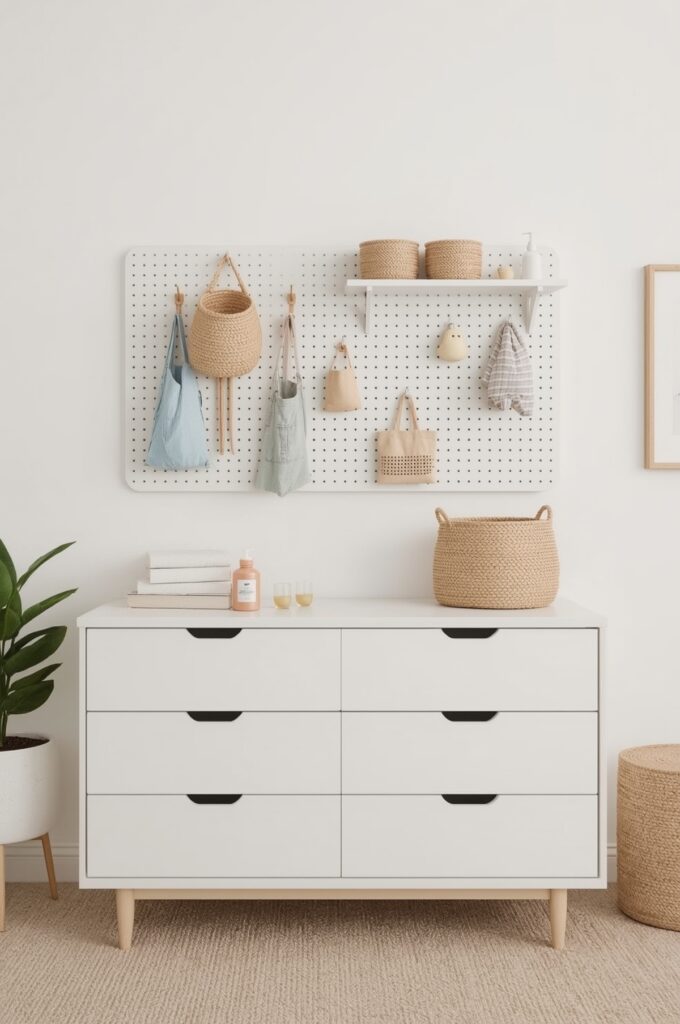 Organize Supplies on a Pegboard Above the Dresser