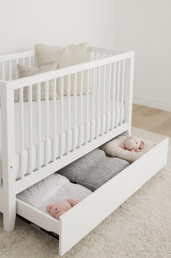 Slide Rolling Drawers Beneath the Crib Frame