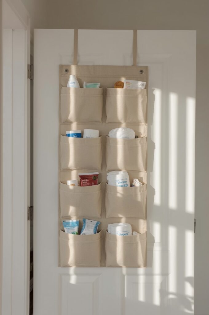Add Over-the-Door Organizers for Diapers and Wipes