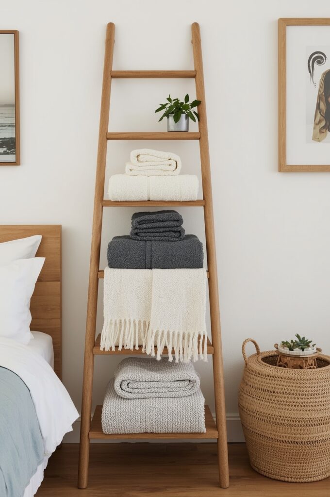 Add a Ladder Shelf for Folded Towels and Clothes