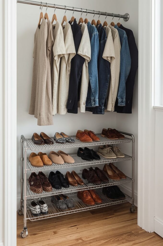 Add Tiered Shoe Racks Under Hanging Garments