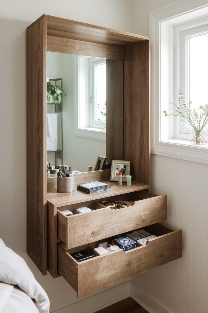 Compact Vanity with Built-In Storage Compartments