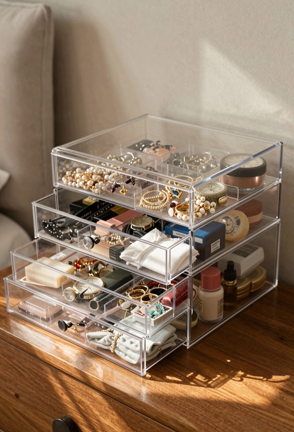 clear acrylic drawer organization