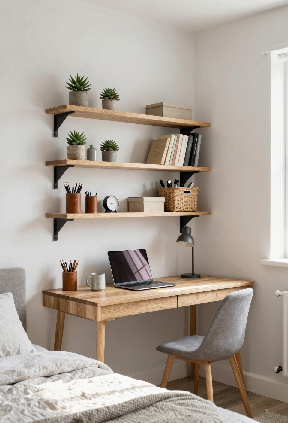install floating desk shelves