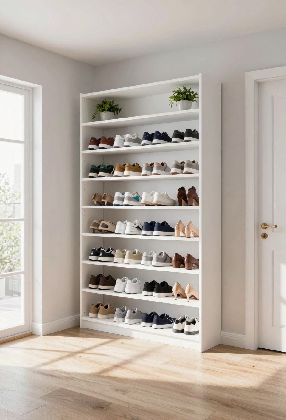 repurposed bookshelf shoe display