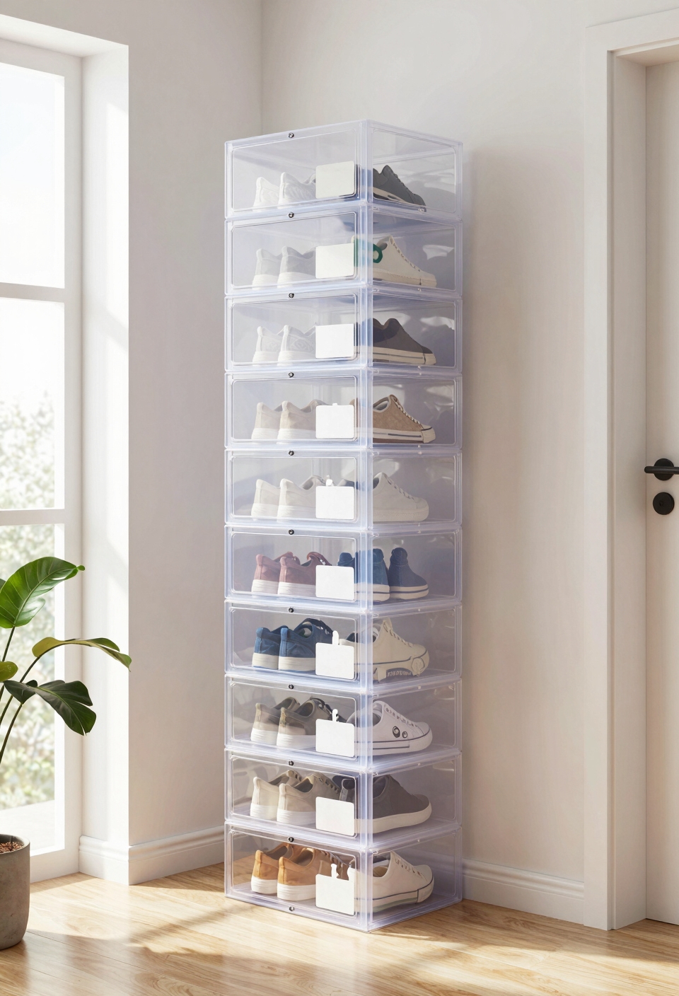 stacked labeled clear boxes