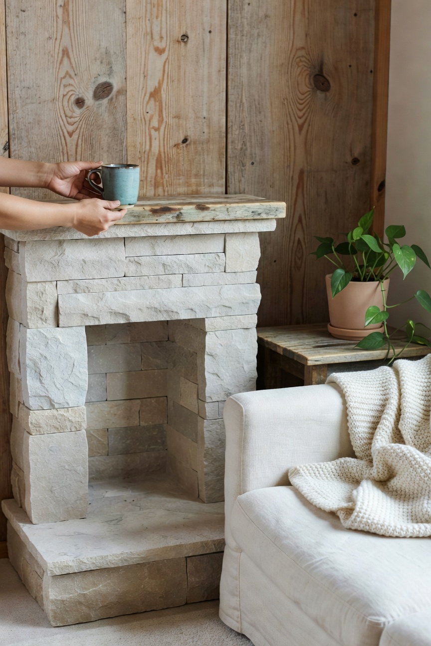 compact efficient stone fireplace