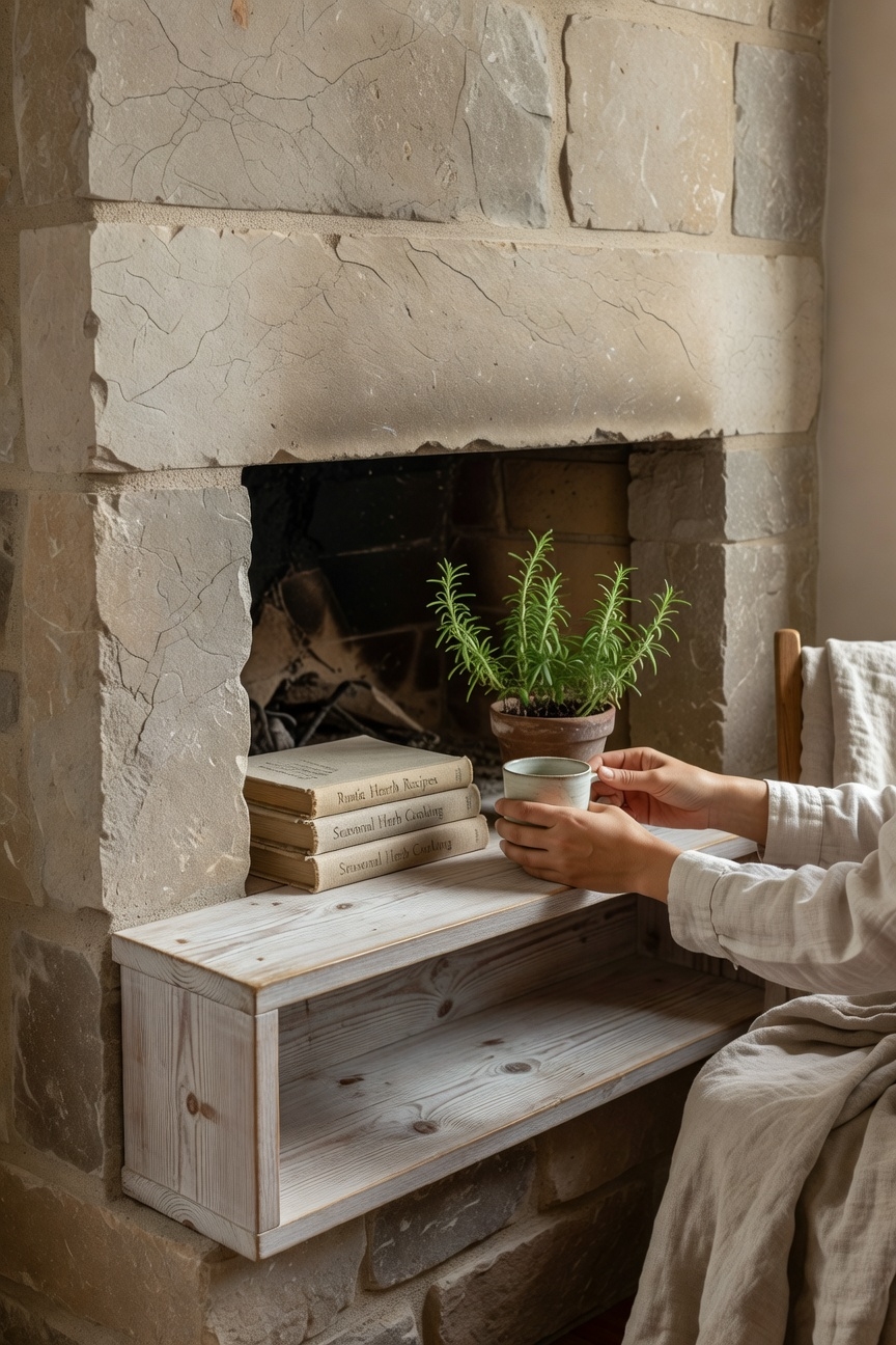 cozy corner fireplace shelving