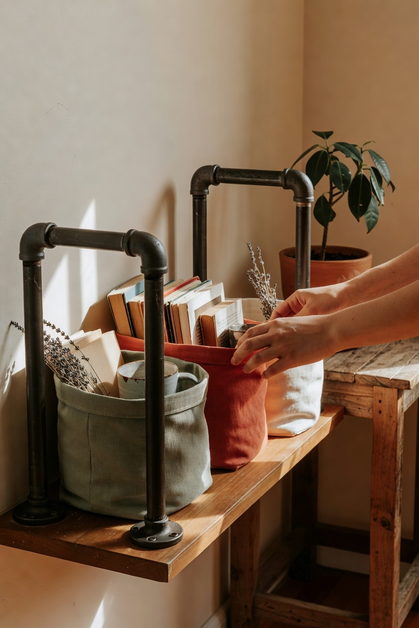 cozy industrial bookshelf organization
