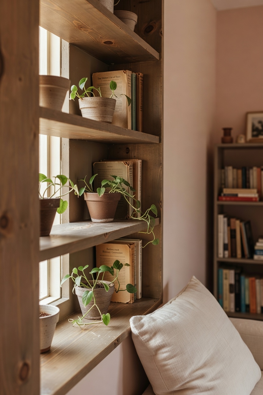 cozy plant bookshelf nook