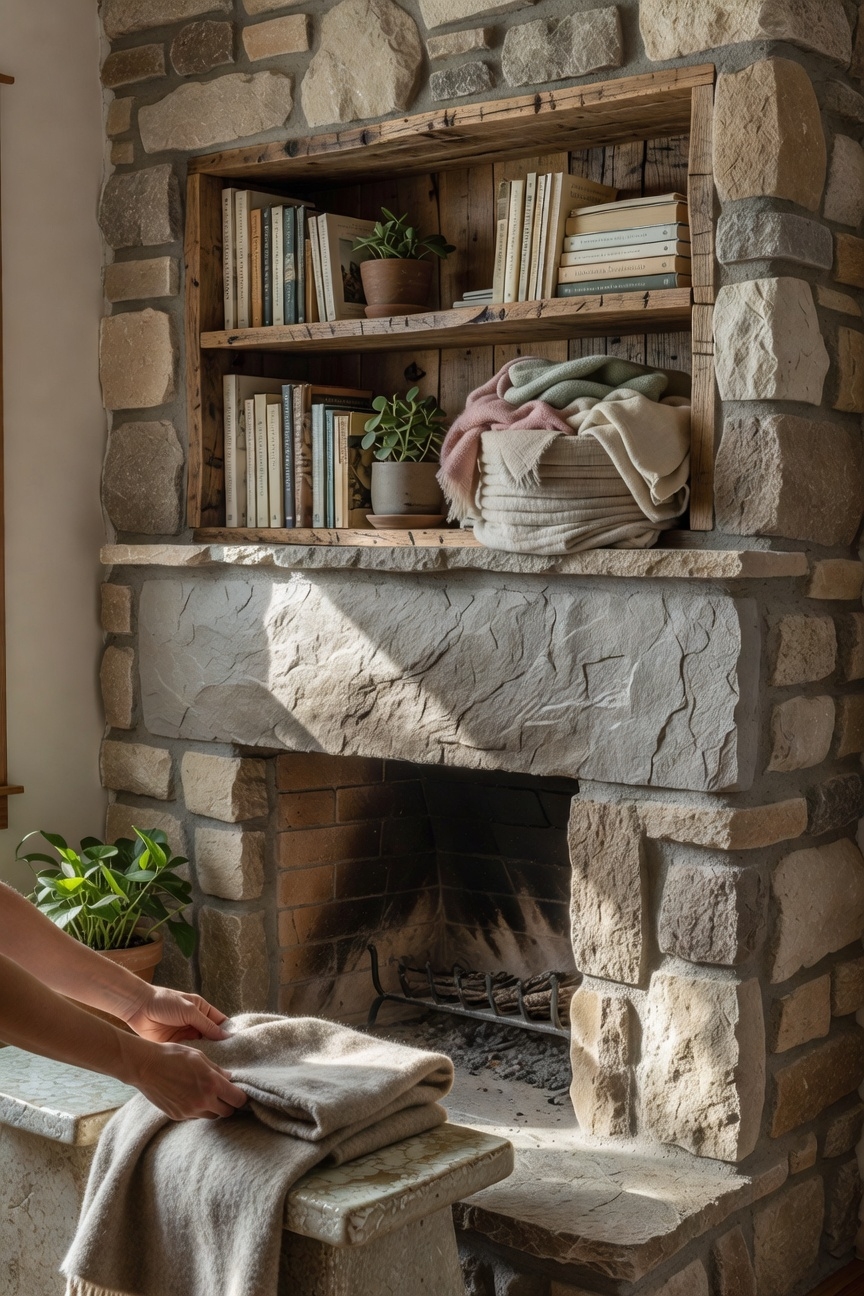 cozy stone fireplace niche
