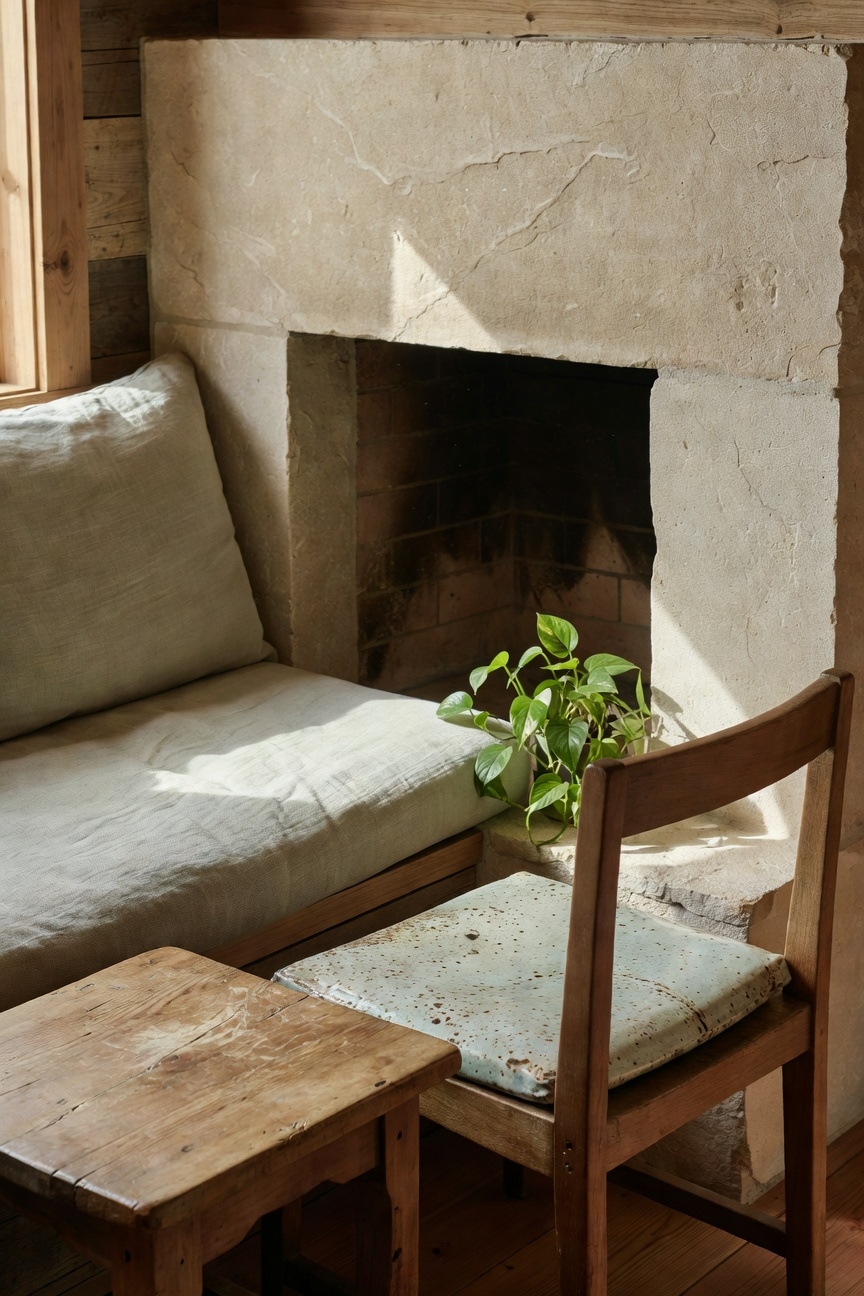 cozy stone fireplace nook