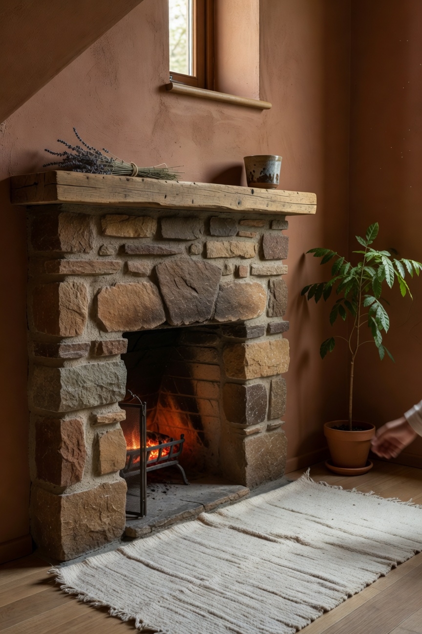 cozy under stair stone fireplace