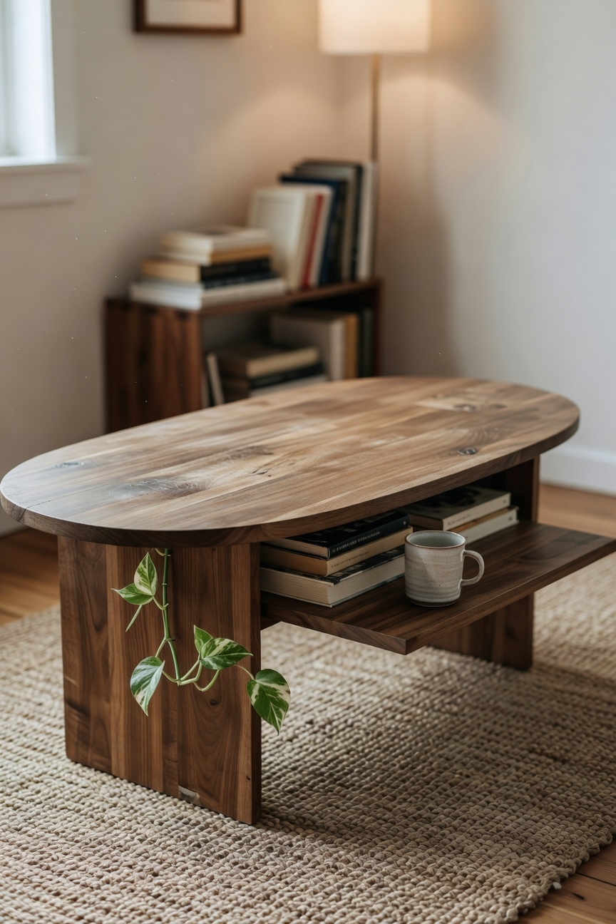 curved coffee table with shelf