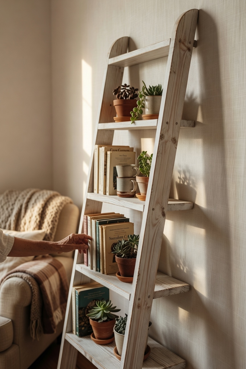 curved rustic ladder bookshelf