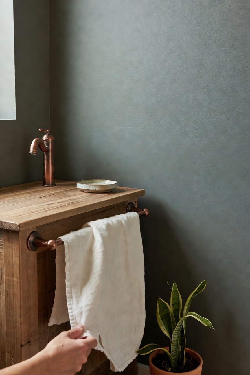 gentle olive blue bathroom accent