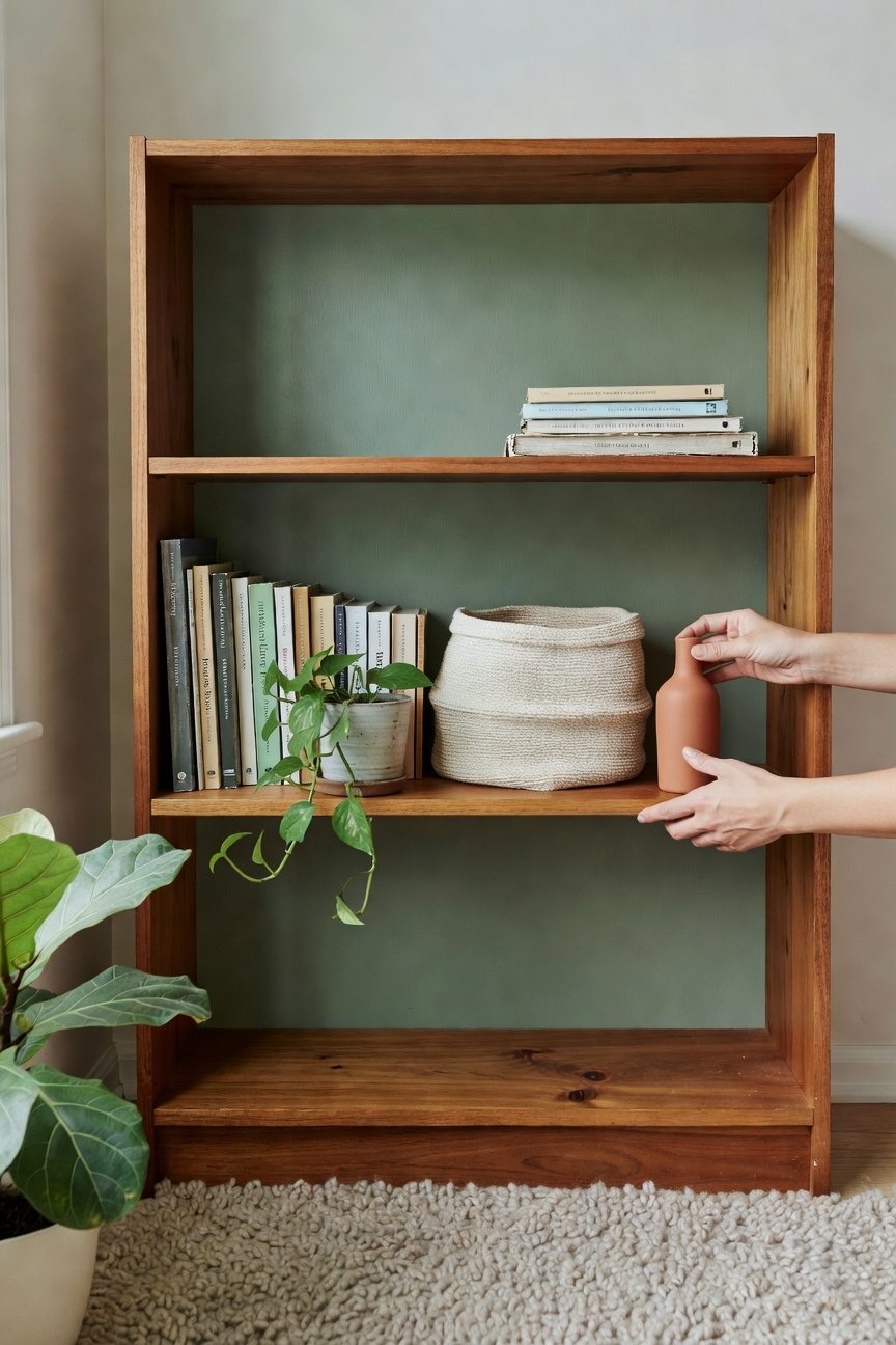 muted sage green bookshelf