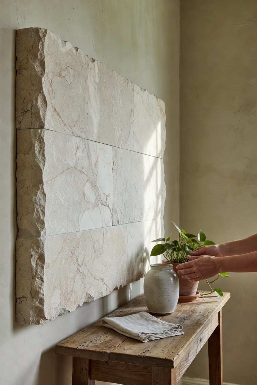 narrow corridor stone fireplace