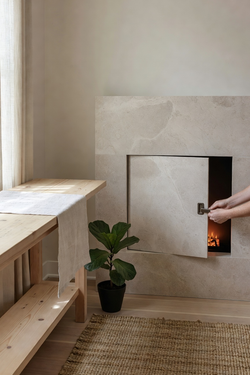 space saving pocket door fireplace