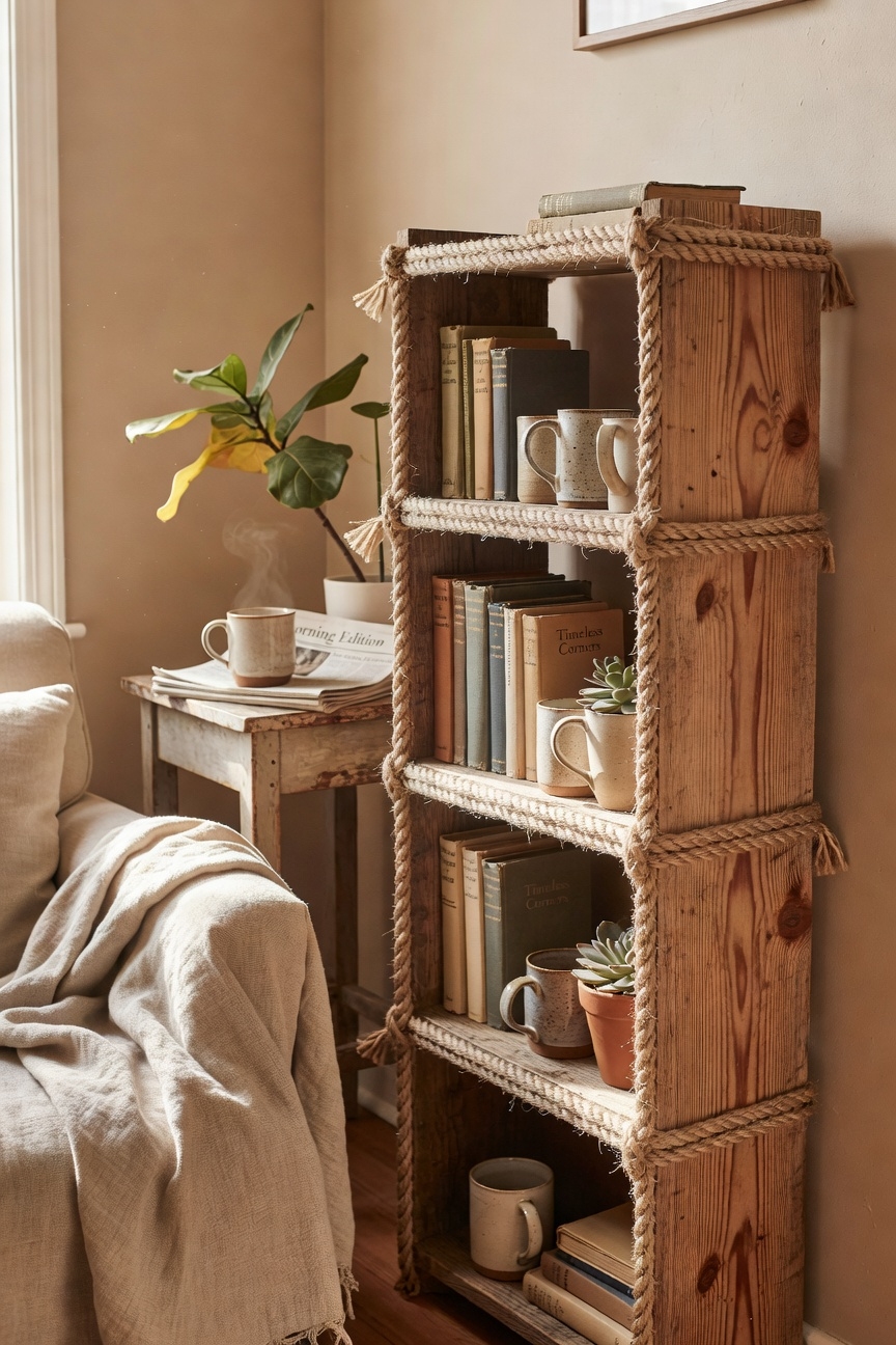 textured jute rope bookshelf