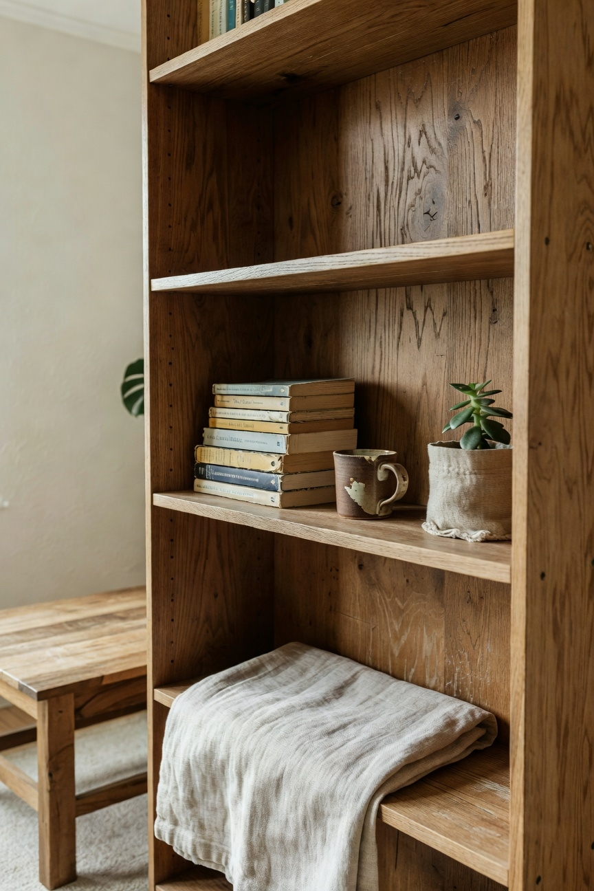 warm oak floor to ceiling bookshelf