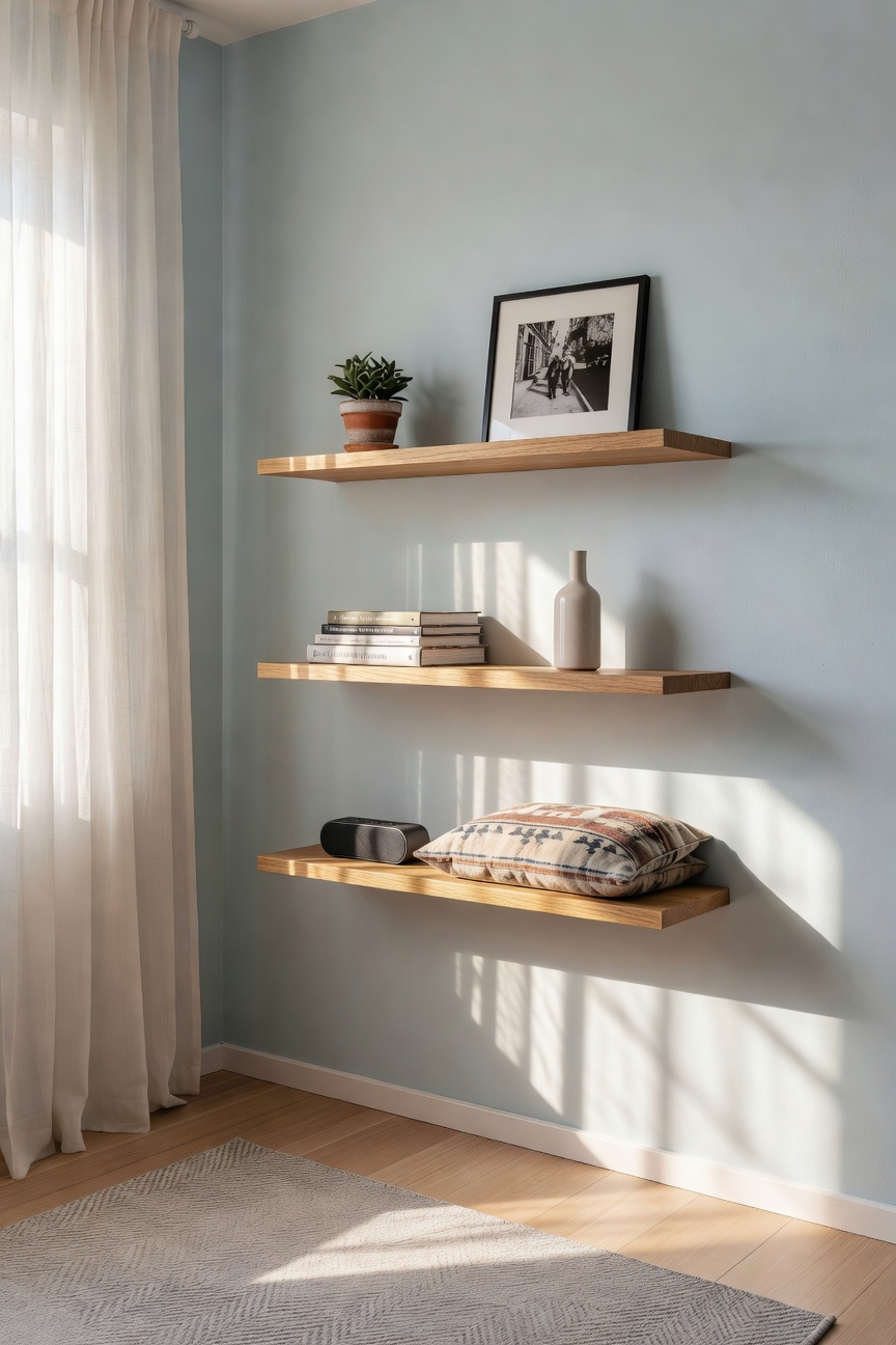 floating shelves with photo ledges