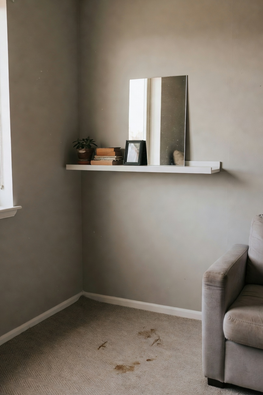 mirror behind floating shelf
