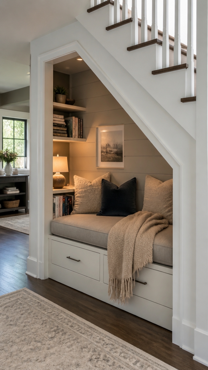 cozy under stair reading nook