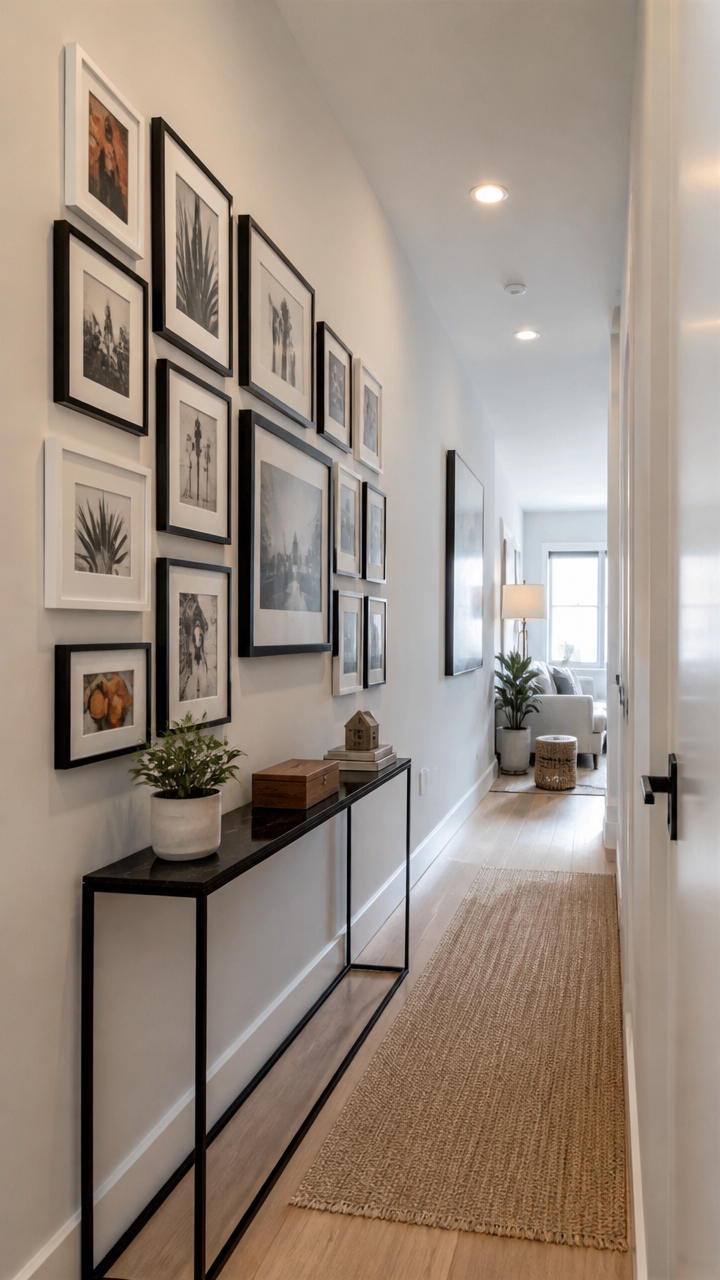 gallery style narrow hallway decor