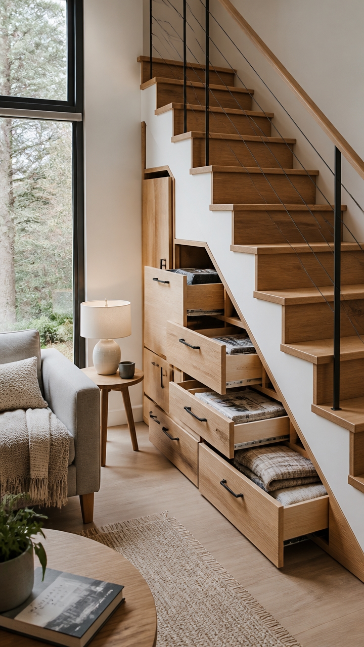 hidden stair storage drawers
