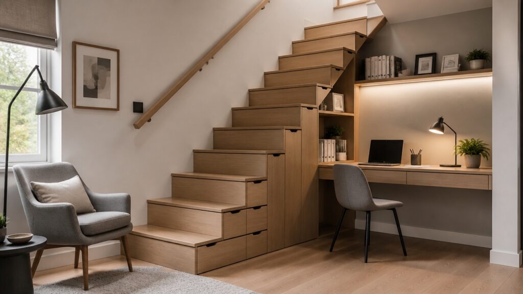small space staircase organization